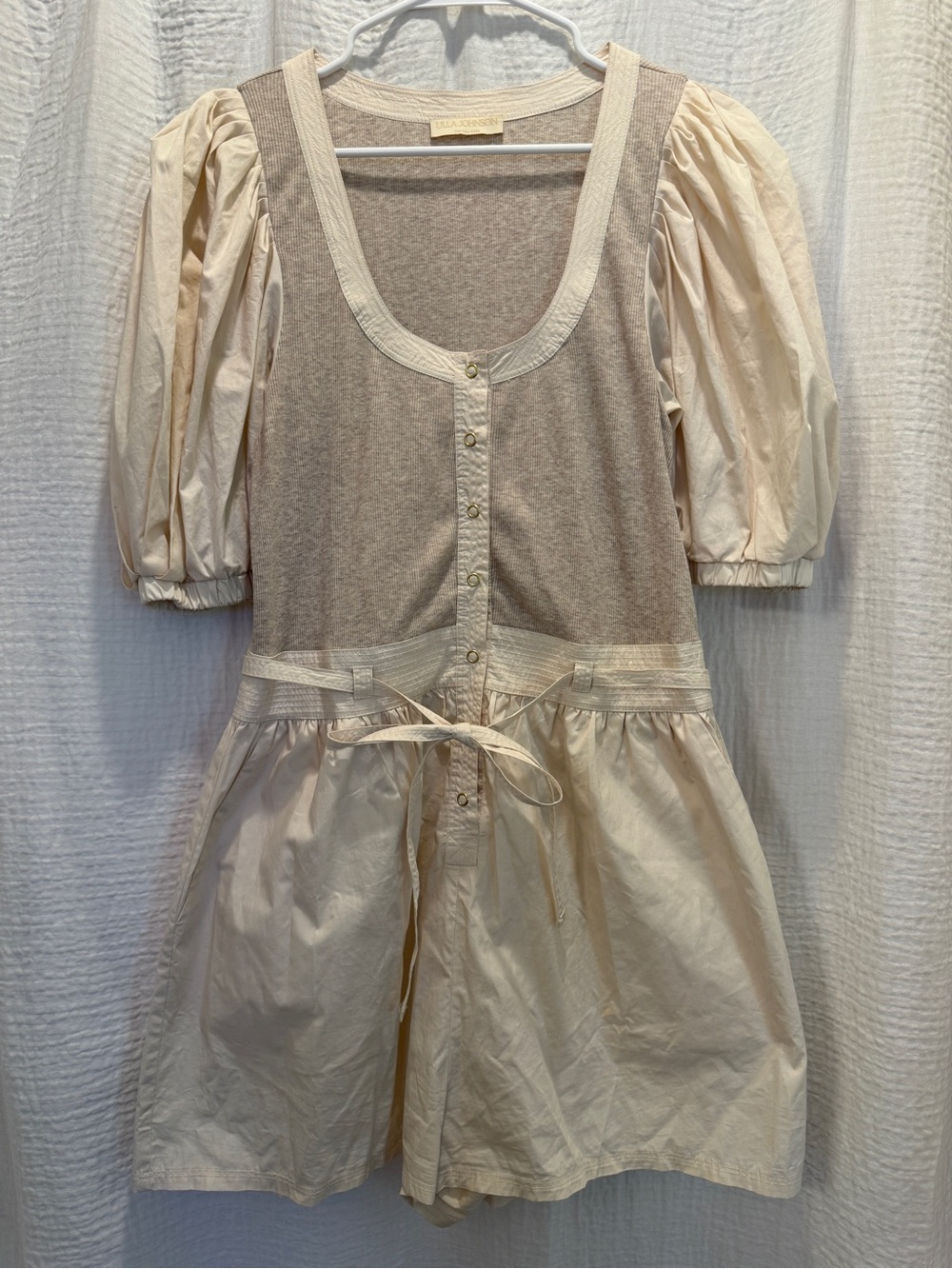 Ulla Johnson Carmine Mixed-Media Puff Sleeve Romper Cobblestone Size 8 - Like Ne